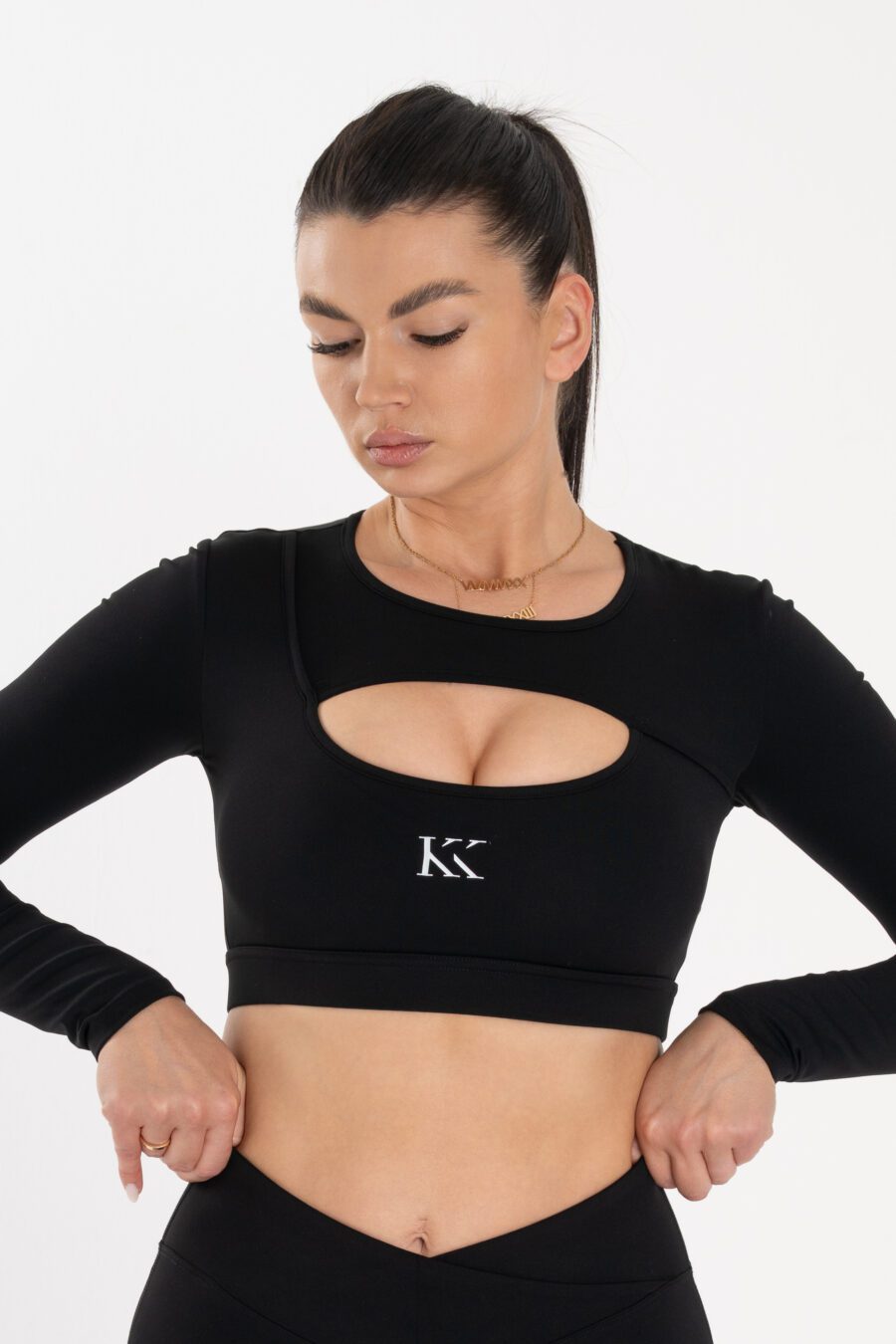 Μακρυμάνικο Μπουστάκι Crop Top με Κόψιμο στο Στήθος